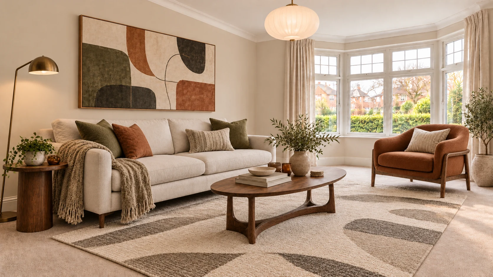 Example warm contemporary living room with ivory seating and walnut tones